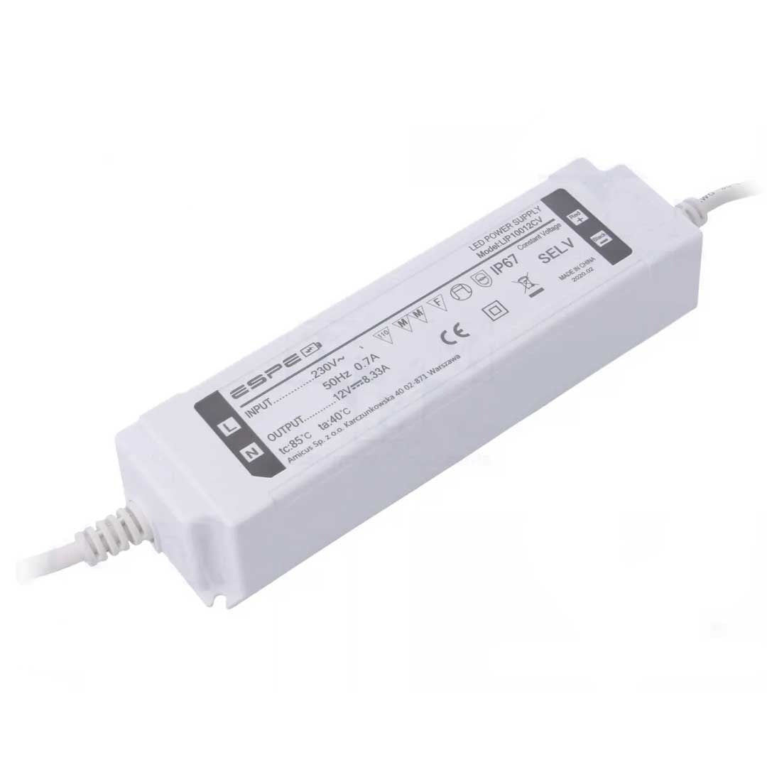 LED voeding - 12V, 8.33A - 100W - IP67 - WATERPROOF - ESPE LED voeding - 12V, 8.33A - 100W - IP67 - WATERPROOF - ESPE